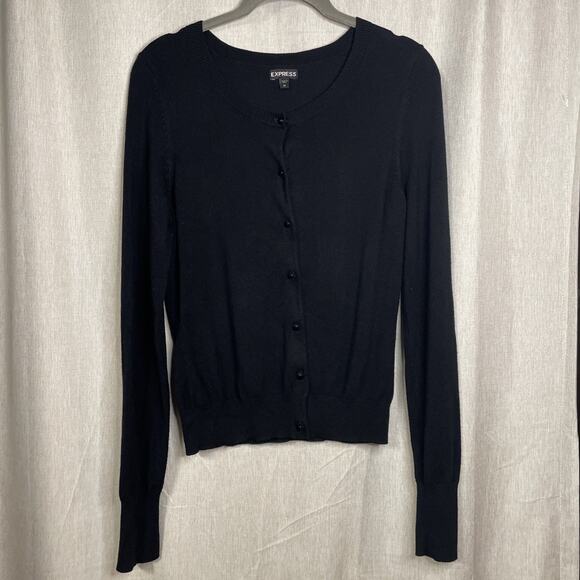Express Women’s Button Up Fitted Long Sleeve Black Cardigan Sz M Gemstone Button - Picture 1 of 8